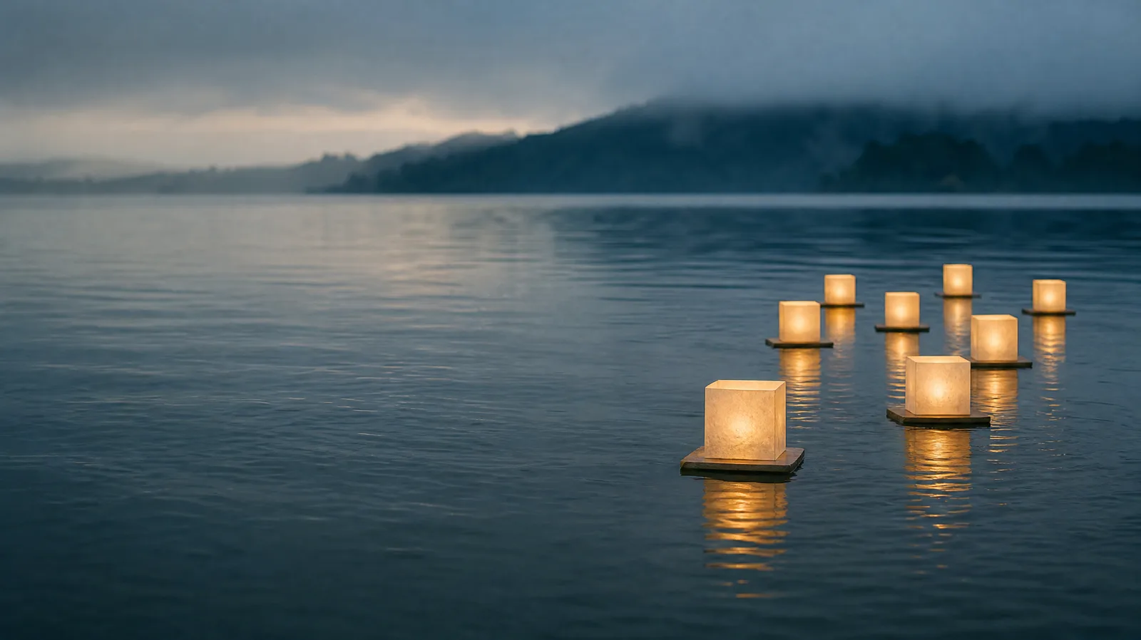 Warm lantern lights reflected on a quiet lake at dusk